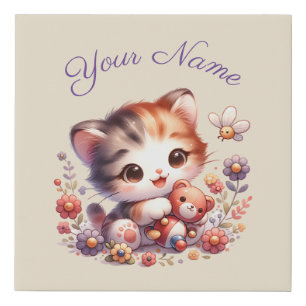 Personalized Watercolor Playing Kitten Name Faux Canvas Print