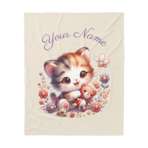 Personalized Watercolor Playing Kitten Name Fleece Blanket