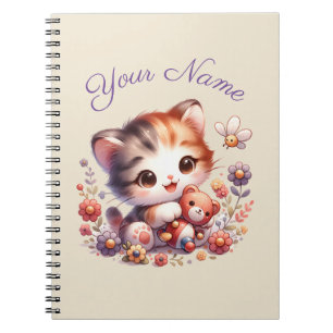 Personalized Watercolor Playing Kitten Name Notebook