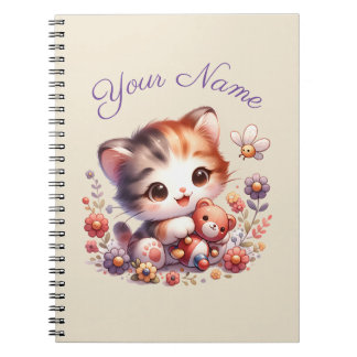 Personalized Watercolor Playing Kitten Name Notebook