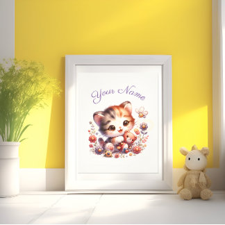 Personalized Watercolor Playing Kitten Name Photo Print