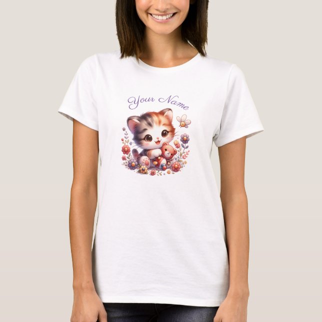 Personalized Watercolor Playing Kitten Name T-Shirt (Front)