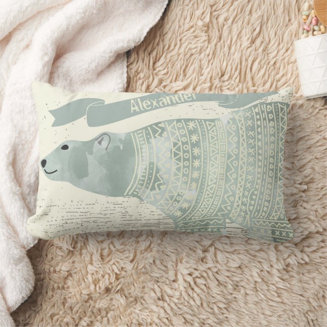 Personalized Watercolor Polar Bear Gray Banner Lumbar Pillow (Blanket)
