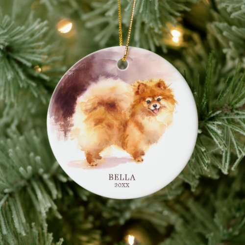 Personalized Watercolor Pomeranian Dog Christmas Ceramic Ornament
