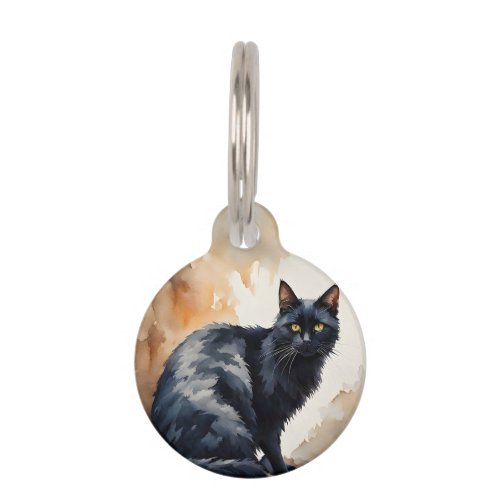 Personalized Watercolor Portrait of Black Cat Pose Pet ID Tag