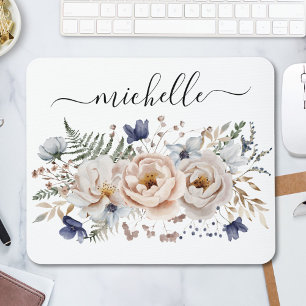 Personalized Watercolor Pretty Beige Blue Floral Mouse Pad