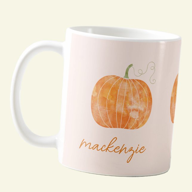 Personalized Watercolor Pumpkin Autumn Fall Coffee Mug (Modern script personalized custom name watercolor pumpkin mug for autumn, fall and Thanksgiving)