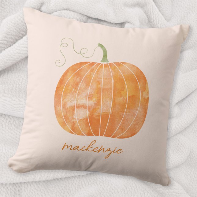 Personalized Watercolor Pumpkin Autumn Fall Throw Pillow (Watercolor pumpkin personalized custom script name autumn fall decor cozy throw pillow)