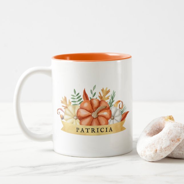 Personalized Watercolor Pumpkins | Fall Two-Tone Coffee Mug (With Donut)