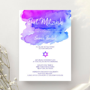 Personalized Watercolor Purple Blue Bat Mitzvah Invitation