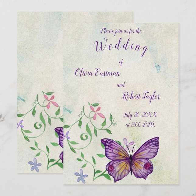 Personalized watercolor purple butterfly invitation (Front/Back)