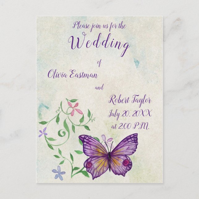 Personalized watercolor purple butterfly invitation postcard (Front)