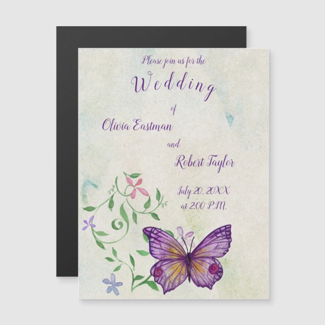 Personalized watercolor purple butterfly magnetic invitation (Front/Back)