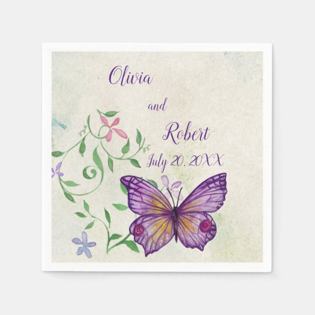 Personalized watercolor purple butterfly napkins (Front)