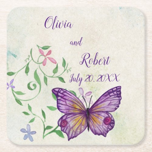 Personalized watercolor purple butterfly square paper coaster