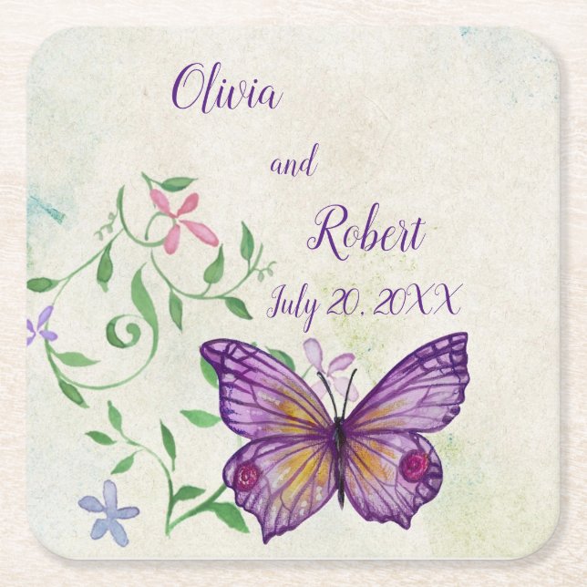 Personalized watercolor purple butterfly square paper coaster (Front)