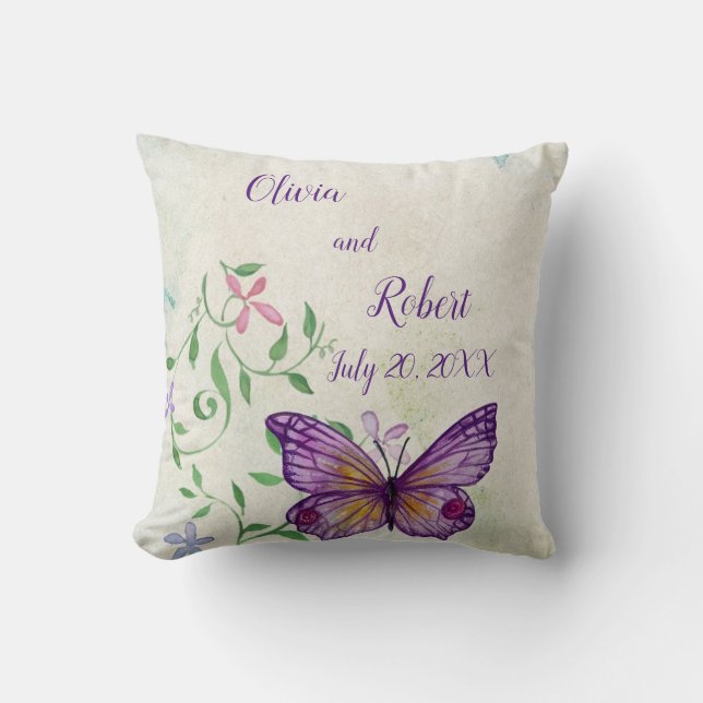 Personalized watercolor purple butterfly throw pillow (Front)