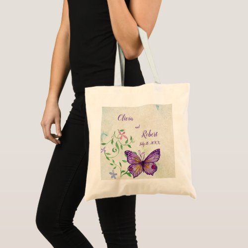 Personalized watercolor purple butterfly tote bag