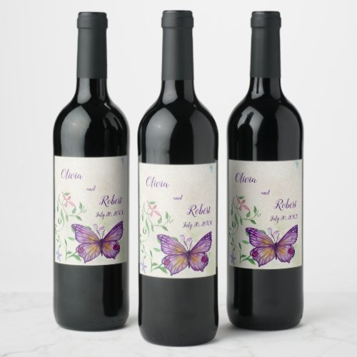 Personalized watercolor purple butterfly wine label