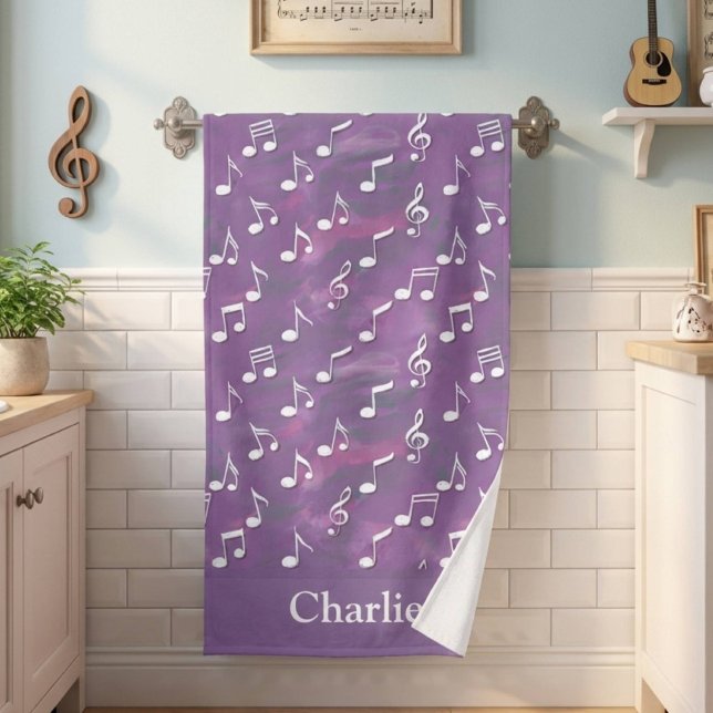 Personalized Watercolor Purple Music Note Beach Towel (Creator Uploaded)