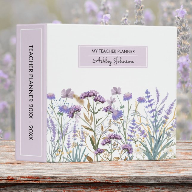 Personalized Watercolor Purple Wildflower Meadow 3 Ring Binder (Close up outdoor)