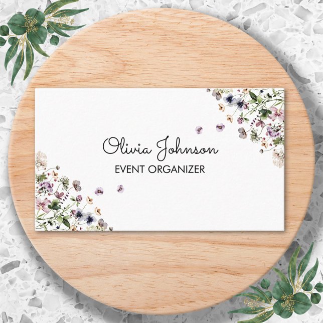 Personalized Watercolor Purple Wildflowers Business Card (In situ)