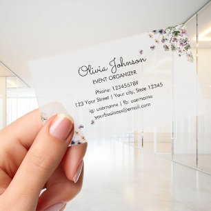 Personalized Watercolor Purple Wildflowers Plastic Clear Business Cards