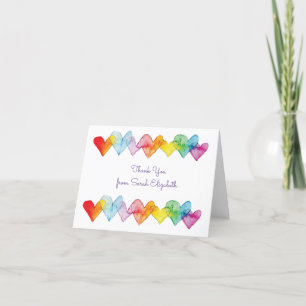 Personalized Watercolor Rainbow Hearts Cute Boho Letterpress Thank You Card