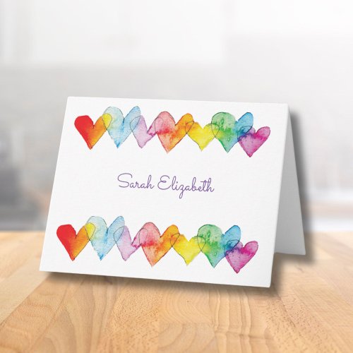 Personalized Watercolor Rainbow Hearts Cute Boho Note Card