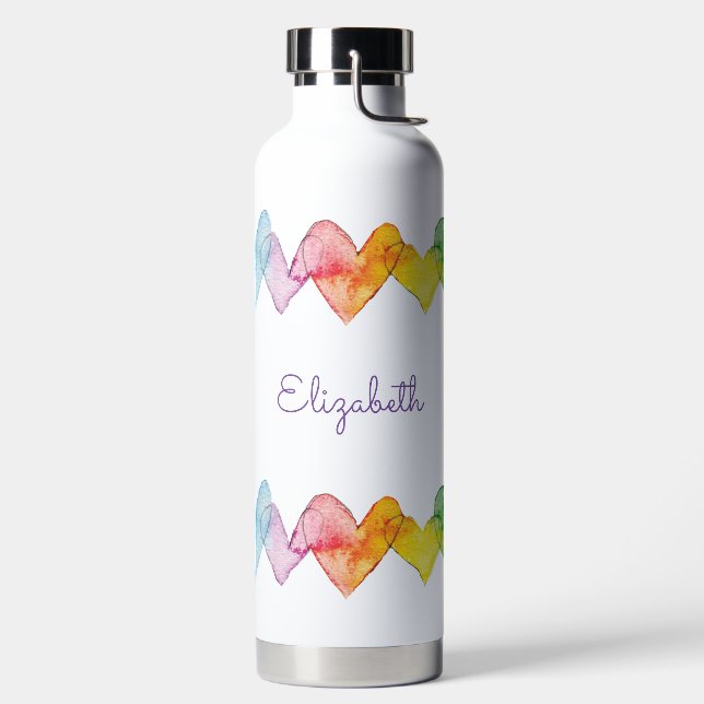 Personalized Watercolor Rainbow Hearts Cute Boho Water Bottle (Left)