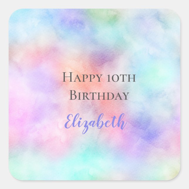 Personalized Watercolor Rainbow Pastel Birthday  Square Sticker (Front)