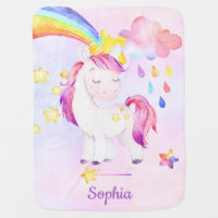 Personalized Watercolor Rainbow Unicorn Cute Girl Baby Blanket