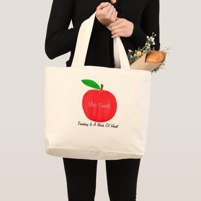 Personalized Watercolor Red Apple Teacher Large Tote Bag (Front (Product))