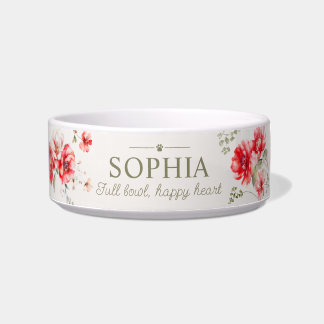 Personalized Watercolor Red Floral Pet Name Bowl