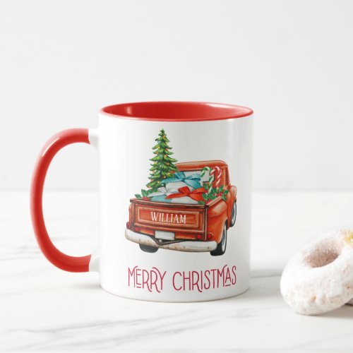 Personalized Watercolor Red Pickup Vintage Truck Mug