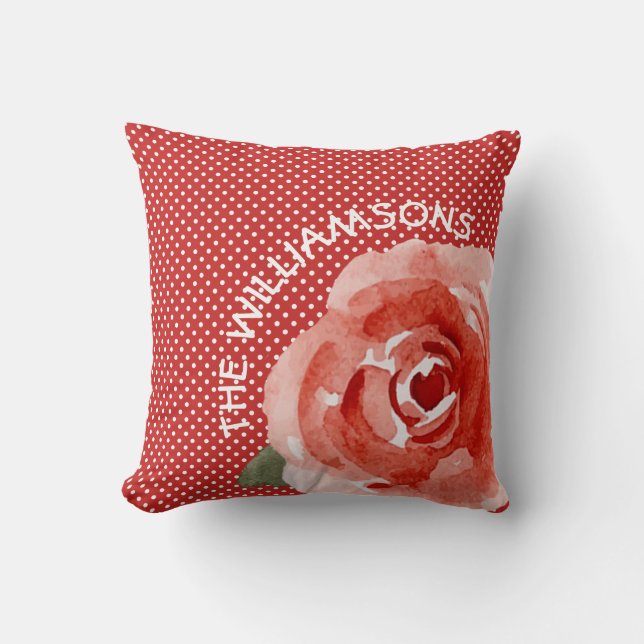 Personalized Watercolor Red Rose Floral  Throw Pillow (Front)