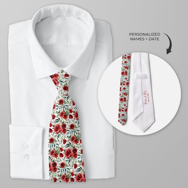 Personalized Watercolor Red Roses Neck Tie (Personalized red roses wedding party neck tie)