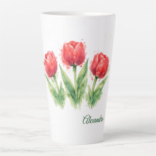 Personalized Watercolor Red Tulips Latte Mug