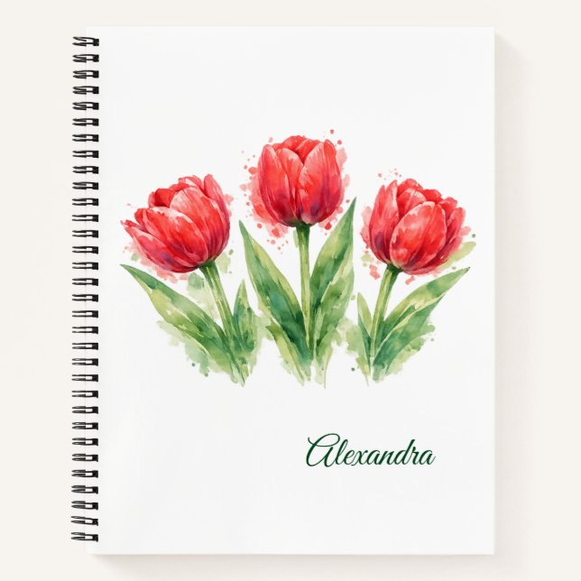 Personalized Watercolor Red Tulips  Notebook (Front)