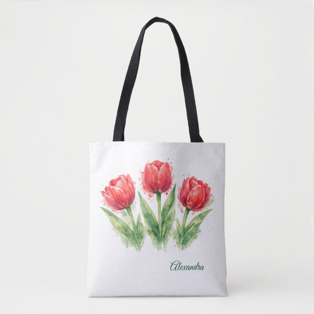 Personalized Watercolor Red Tulips Tote Bag (Front)