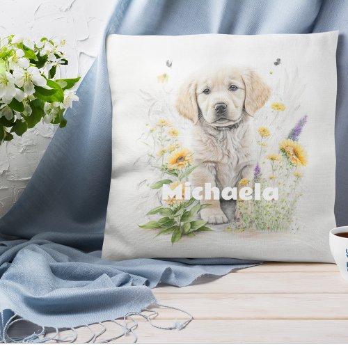 Personalized Watercolor Retriever Pup in Flowers Throw Pillow