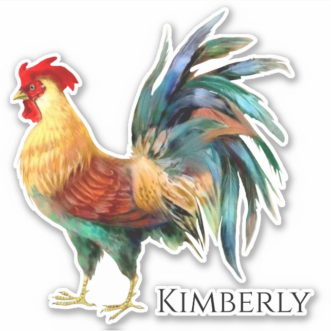Personalized Watercolor Rooster Sticker (Front)