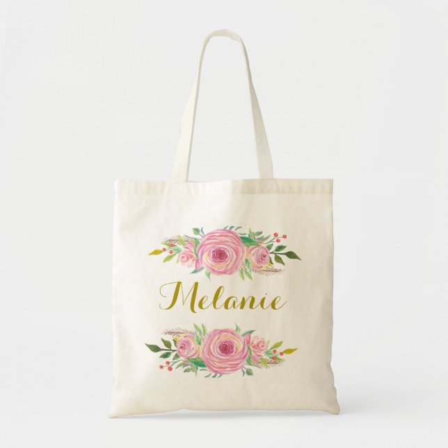 Personalized Watercolor Roses Floral Tote Bag (Front)