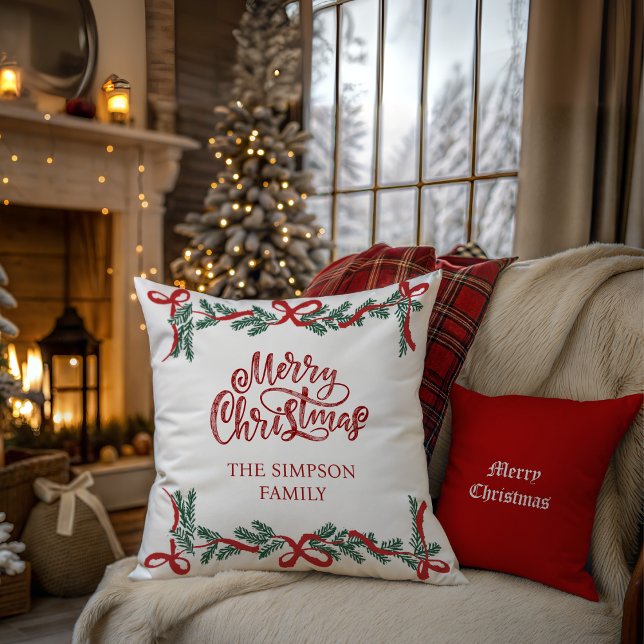 Personalized Watercolor Script Christmas Greenery Throw Pillow (Creator Uploaded)