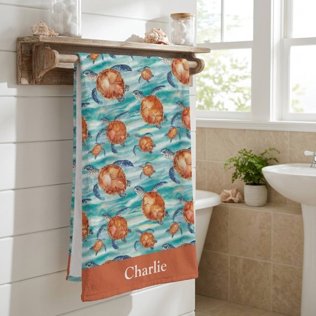 Personalized Watercolor Sea Turtle Bath Towel (Creator Uploaded)