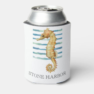 Personalized Watercolor Seahorse Beach Coastal Can Cooler