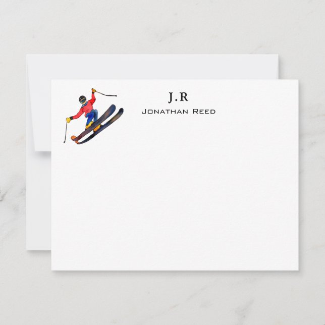 Personalized Watercolor Skiing Thank You Card (Front)
