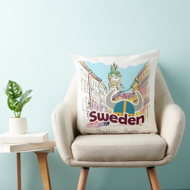 Personalized Watercolor Stockholm Sweden Throw Pillow (Chair)