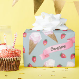 Personalized Watercolor Strawberry Ice Cream Cone Wrapping Paper
