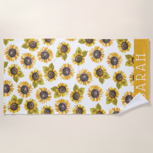 Personalized Watercolor Sunflower Beach Towel